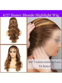 ZHENDEFA 360° Ombre Honey Blonde Lace Front Wig, Human Hair, Ombre Highlights, Wavy Curly Lace Front Wig, Pre-Plucked, Invisible Straps, 360° HD Transparent Lace Wig, 200% Density, Glueless Wig For Women