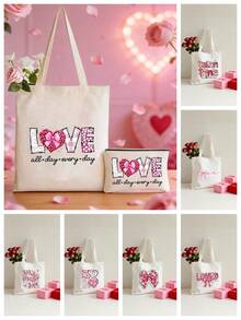 1/2个可爱爱心帆布手提袋，单面印花，可重复使用购物袋，大容量，帆布材质，爱心礼物，情人节礼物，浪漫情人节礼物，休闲风格 - 彩色 - 查看 2