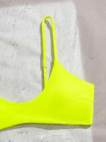 女士纯色挂脖比基尼套装，性感三角泳裤，可调节肩带，夏季泳装度假沙滩装 - 黃色 - 查看 7