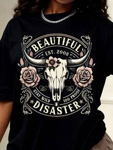 Women's T-Shirt Beautiful Disaster Bull Skull Rose Graphic Design Soft Comfortable Casual Top For St Patrick's Day Easter Carnival Festival Outfits Gift Idea - 黑色 - 查看 2