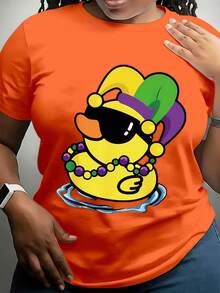 Women's T-Shirt Rubber Duck Wearing Mardi Gras Hat And Beads Fun Cartoon Design Perfect For Carnival Celebration Festive Wear Saint Patrick's Day Costume Easter Outfit Holiday Apparel Gift Idea - 橘色 - 查看 1