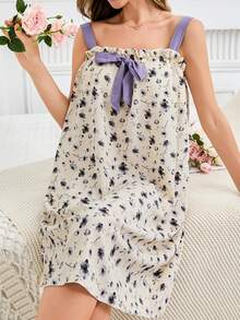 Women's Sweet Floral Print Camisole, Comfortable Loose Bow Tie Nightgown Homewear With Bubble Ruffle, Padded Bust, Can Be Worn Outerwear, Princess Maxi Dress - Beige - View 5