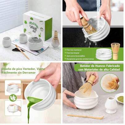 Kit de T Matcha Tradicional, Juego de Batidor de Matcha  Set de 9 Piezas con Tazn, Dos Tazas, Soporte, Tamiz de Acero Inoxidable, Con caja de regalo, ideal para regalar.(Blanco)