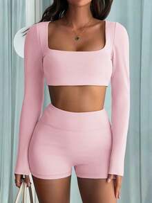 Bộ đồ thể thao nữ mùa thu, cổ vuông, tay dài, siêu ngắn, ôm sát, thích hợp cho thể thao, ở nhà và tập thể dục. - Hồng - Xem 8