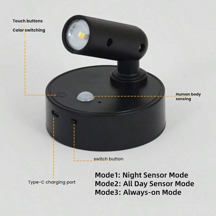 2PCS/SET 3-Color Temperature Wireless Spotlight With Motion Sensor, Adjustable Warm/Cool/Neutral, LED Wall Light Magetic, Efficient Sensor Light, Battery Powered Wall Lamp USB Rechargeable, Spot Light Indoor Suitable For Corridor, Pictures, Art Display, Plant - 黑色 - 查看 9