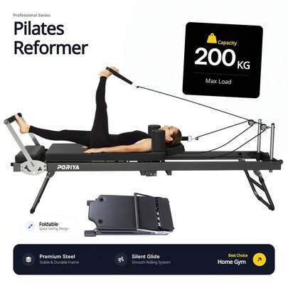PORIYA Foldable Pilates Reformer Workout Latex Resistance Machine Exercise Yoga Black