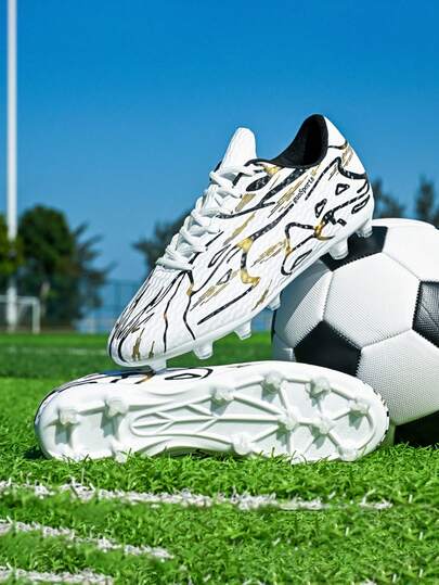1 par de Botines de fútbol/fútbol con tachuelas para jóvenes, con parte superior de cuero y puntera protectora, zapatos antideslizantes para entrenamiento y partidos al aire libre