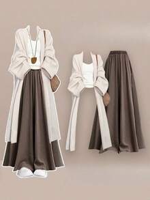 Women Two-Piece Outfits - Áo khoác cardigan màu mơ phối cùng áo gile trắng và quần culottes màu nâu. - Xem 1