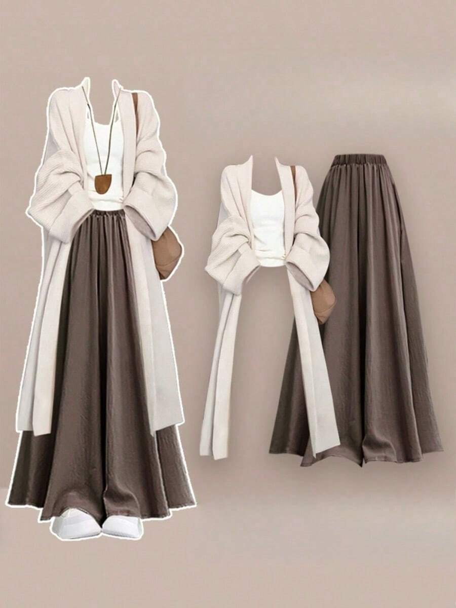 Women Two-Piece Outfits - Áo khoác cardigan màu mơ phối cùng áo gile trắng và quần culottes màu nâu. - Xem 1