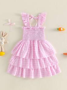 Toddler Baby Girl Easter Dress Smocked Flutter Sleeve Square Neck Rabbit Embroidery Plaid Tiered Birthday Party Dress Summer Clothes - Hồng - Xem 2