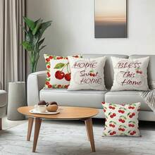 4件套樱桃图案文字插画印花抱枕套，单面印花，适用于客厅、沙发、卧室，不含枕芯 - 彩色 - 查看 5