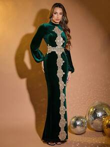 LOVE&LEMONADE Elegant Women's Stand Collar Long Lantern Sleeve Green Velvet Gold Lace Patchwork Maxi Party Dress - Green - View 2