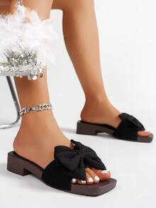 新款女士套脚拖鞋，休闲平底沙滩凉鞋，蝴蝶结装饰，简约舒适，大码可选，春夏穿搭 - 黑色 - 查看 3