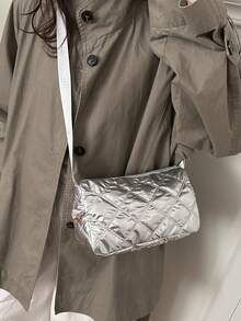 1pc Quilted Shiny Polyester Zipper Crossbody Bag, Fashionable For Women Daily Use - Silver - View 5
