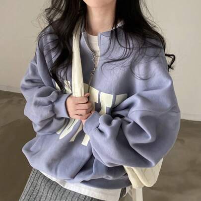 レディース新作韓国風シックなハーフジッパースタンドカラースウェットカラーブロック文字プリントデザインゆったりシルエットおしゃれで合わせやすいカジュアルで快適日常の通勤・デート・外出に最適