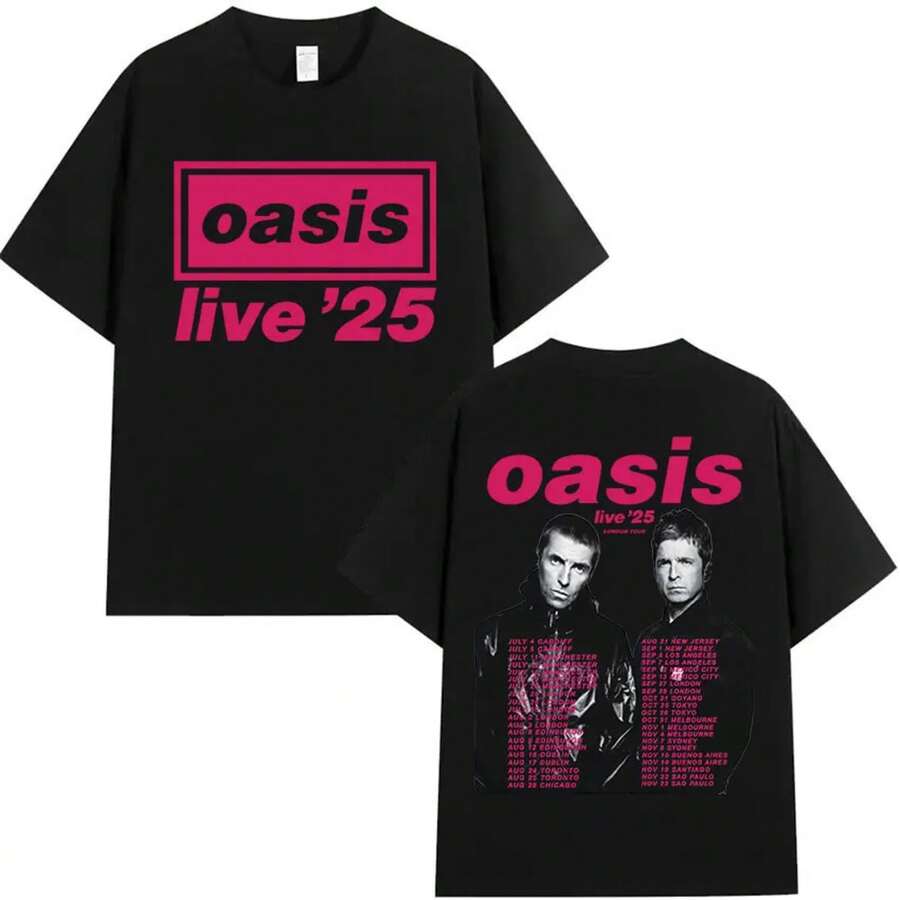 Camisetas de Álbum de la Gira Mundial en Vivo de la Banda Británica O-Oasis 2025 para Hombres y Mujeres, Camisetas Estéticas Vintage de Verano, Camiseta de Manga Corta con Cuello Redondo - Negro - Ver 1