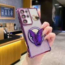 Diamond Butterfly Hidden Stand New Electroplated Edge Shockproof Phone Case + DIY + Glitter Card + Electroplated Glitter Hidden Stand - Suitable For IPhone 16/15 ProMax, A35/A15/S24/S25, Applicable To Apple, Moto/Redmi Note 14 - Purple - View 1