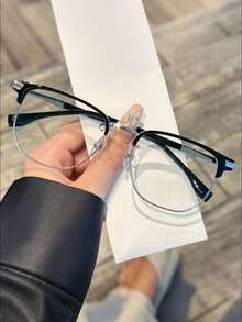 Square Metal Frame, Unisex Classic Fashionable Non-Prescription Glasses, Suitable For TV Viewing And Daily Dressing - Black Silver - View 1