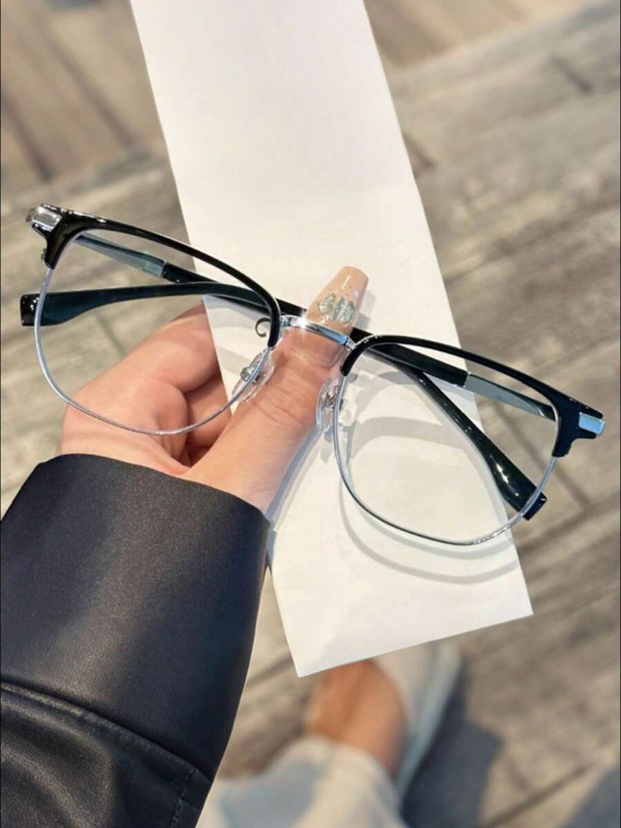 Square Metal Frame, Unisex Classic Fashionable Non-Prescription Glasses, Suitable For TV Viewing And Daily Dressing - Black Silver - View 1