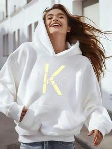 Hoodie Klein Logo With Yellow And White Lettering On Black Hoodie Featuring Oversized Fit And Front Pocket Design Great Gift For Autumn And Winter Kangaroo Pocket, Drawstring Design Suitable For Daily - White - View 6