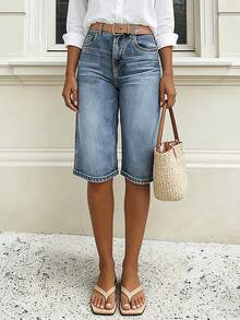 Quần short denim ống đứng cạp thấp dáng suông dành cho nữ: Kiểu dáng rộng rãi thời trang, quần short ống rộng dài đến đầu gối đa năng. - Rửa tối - Xem 2