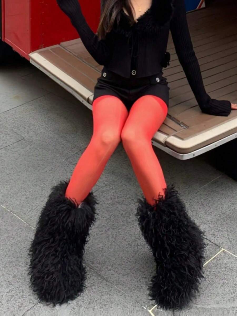 Winter Knee High Boots For Women Pull-On Faux Fur Boots Furry Fluffy Round Toe Fashion Boots Suede Comfy Plush Warm Knee High Boots Outdoor Indoor Flat Shoes Party Dressy Women Winter Boots - 黑色-D - 查看 1