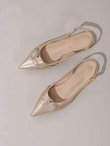 新款时尚女士尖头水晶装饰玛丽珍休闲平底鞋，无后跟凉鞋 - 金色 - 查看 5