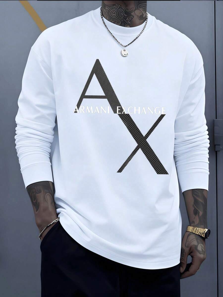 A And X Intertwined A Bold Graphic Representation Tee 1Pcs Long Sleeve 100 Percent Cotton Crew Neck Men Graphic Fall Tee Casual Vintage T Shirts Fashion Brand Digital Printed T Shirts Comfortable Daily Wear - 白色 - 查看 1