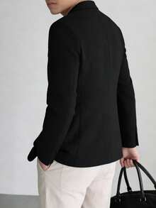 Tucano Men's Herringbone Single-Breasted Suit Jacket, With Inverted Collar, Double-Button Design, Decorated With Exquisite Lapel Pin, Slim Fit, Suitable For Office, Business Meetings, Casual Business Occasions And Daily Commuting. - Black - View 4