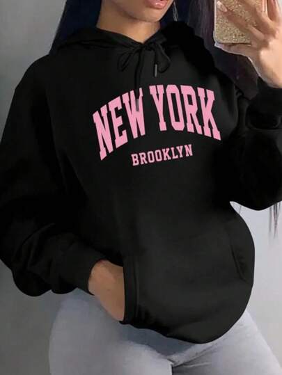 Mujer003 Sudadera de mujer  invierno sudadera de manga larga cómoda suave Sudadera negra con el logotipo de "NEW YORK" y "BROOKLYN" que es un elemento de moda atractivo para quienes aman la estética urbana