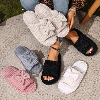 Nya söta 3D-randiga rosetttofflor med öppen tå för kvinnor - Mjukt plyschtyg för alla årstider - Lätt och flexibel EVA-sula - Högtids- och födelsedagspresent