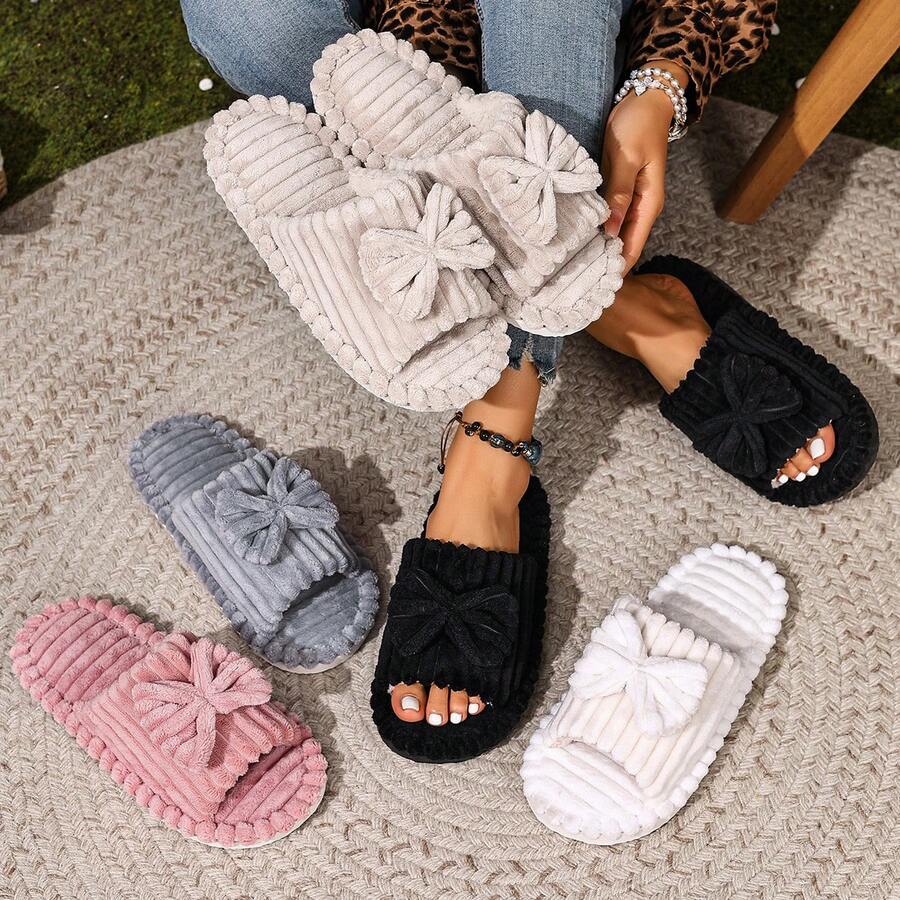 新款女士可爱3D条纹蝴蝶结露趾家居拖鞋 - 四季皆宜的柔软绒面面料 - 轻便灵活的EVA鞋底 - 节日和生日礼物