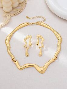 Bộ trang sức thời trang cá nhân hóa theo phong cách Âu & Mỹ, gồm bông tai, vòng tay và dây chuyền lượn sóng hình giọt nước bất đối xứng, chất liệu đá dung nham lỏng, thích hợp cho phụ nữ đeo hàng ngày, làm quà tặng ngày lễ, hoặc dự tiệc bãi biển. - Vàng - Xem 7
