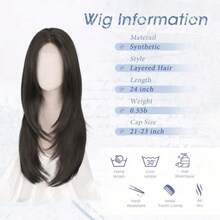 DHaloo Brown Wig With Curtain Bangs - Lace Front Hairline Middle Part Long Layered Natural Looking Straight Synthetic Hair Wigs For Women Daily Party 24 Inch Dark Brown - Nâu đậm - Xem 5