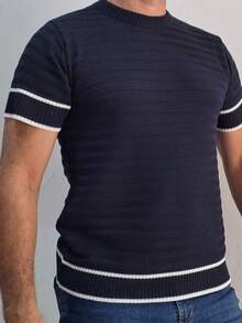 Basic Two-Tone Knit Shirt, Short Sleeve, Ribbed, Stylish Summer T-Shirt, Men's Blouse - Black and Sand - View 5