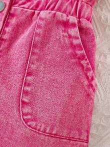女童玫红色牛仔连体裤，时尚翻领短袖连身裤，夏季 - 玫紅色 - 查看 8
