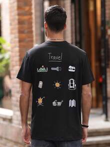 男士宽松字母印花落肩短袖休闲 T 恤，夏季 - 黑色 - 查看 2