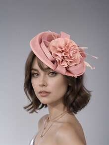 1pc Floral Print Solid Color Elegant Polyester Feather Fascinator Hat, Suitable For Wedding, Holiday Party, Tea Party, Christmas, Easter, Racing Event, Bachelorette Party