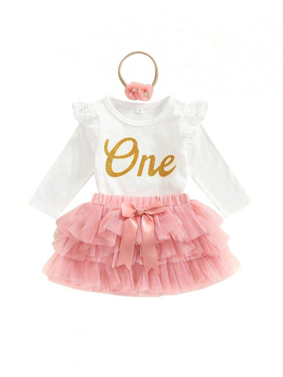 Pelele de manga larga para niña pequeña, falda y diadema, con estampado de letras, malla de encaje y patchwork, ropa festiva - Rosa - Ver 1