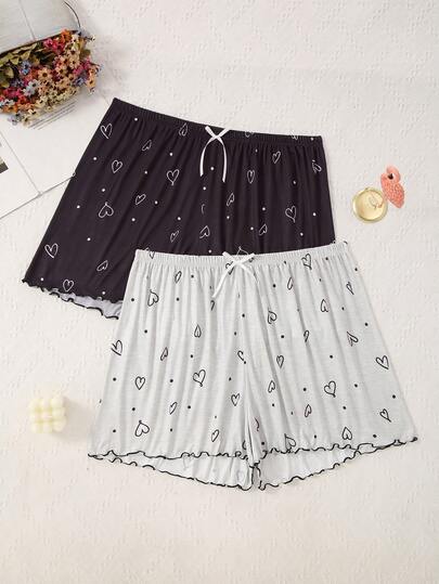 2pcs Plus Size Women Heart Print Knit Pajama Shorts