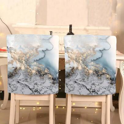 1 pieza/4 piezas/6 piezas/10 piezas Funda de silla de estilo vintage con estampado de salpicaduras de tinta dorada y azul grisáceo, funda de silla suave y extraíble, protector de respaldo, adecuado para todas las estaciones, decoración navideña, para comedor, sala de estar, oficina, hotel