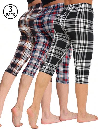 3 Packs Women's Casual Leggings, Black & White Plaid Print, Suitable For Spring/Summer, Leisure, Fitness, Outdoor, Travel, Home Exercise, Squats, Pushups, Running, Yoga, Cropped 7/8 Length
