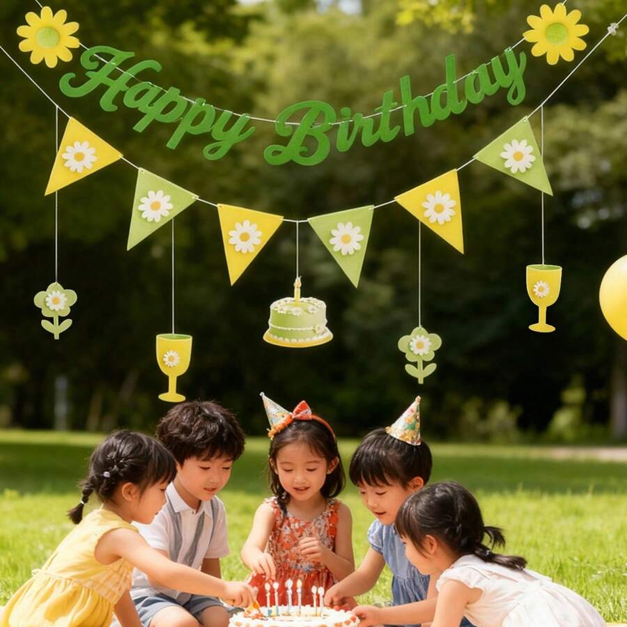 Kids Boys Girls Daisy Floral Green White Flower Leaf Cake Birthday Party Backdrop Wall Hanging Banner - Multicolor - View 1