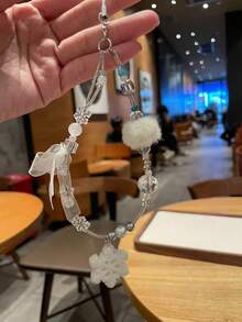 Chaîne de téléphone avec pendentif flocon de neige blanc, charm de sac/appareil photo à perles de dopamine, chaîne de téléphone compatible avec Android et la plupart des smartphones, cadeaux pour mère, famille, amis, enfants, anniversaire, vacances - Blanc - Voir 5