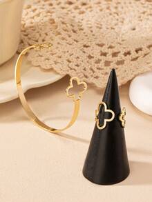 2件套时尚金属镂空四叶草开口圆环手链戒指套装，适合少女日常及派对佩戴