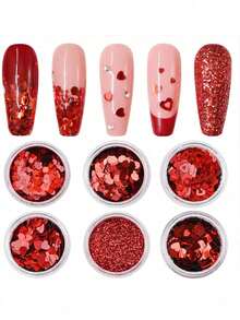 6盒红色心形闪粉美甲用品，激光全息闪粉装饰，美甲DIY，情人节装饰，美甲沙龙设计配件 - 紅色 - 查看 7