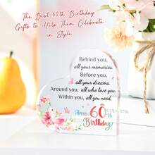 1pc Acrylic "Happy 60th Birthday" Plaque, Inspirational 60th Birthday Gift, Heart-Shaped Acrylic Desktop Decor For Daughter Or Son, Perfect For 60th Birthday Anniversary Party Decoration - Multicolor - View 3