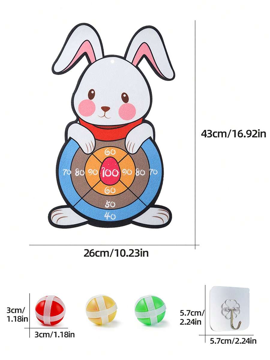 复活节兔子投掷目标套装，卡通布艺投掷训练游戏套装，包含3个球和1个钩子，适合儿童的家庭聚会复活节礼物，男孩女孩皆宜 - 彩色 - 查看 1