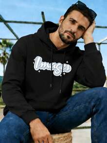 Felpa con cappuccio e stampa grafica nera, tessuto di alta qualità, scollo tondo, vestibilità comoda, casual - nero - Visualizzare 1