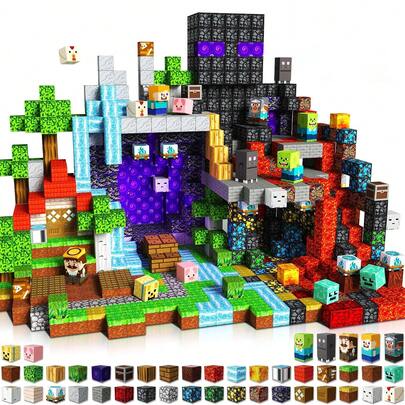 48/100/200/300pcs Magnetic Building Blocks, 0.78 Inch, Magnetic Bricks, Enderman Head, Nether Portal, Forest Series Cubic Construction Toys, STEM Educational Sensory Toys, Best Christmas, Halloween, Birthday Gift For Kids 3+ Years Old Boys And Girls